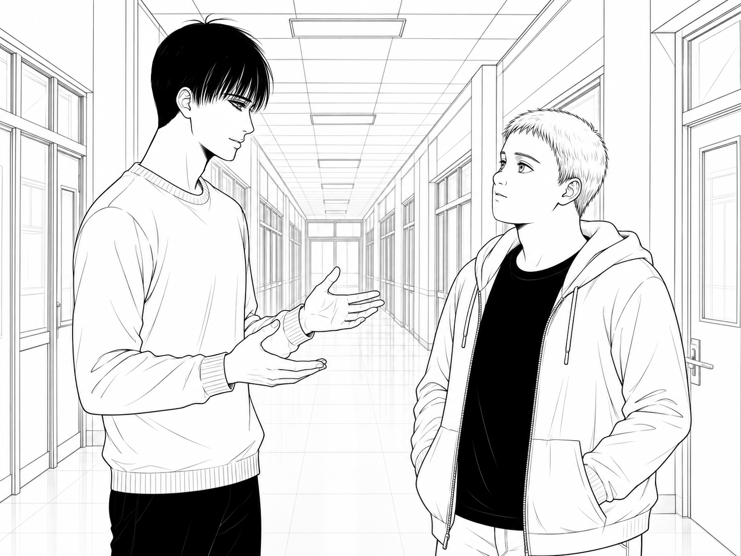 Full-color illustration of Chris and Jeremy standing together, talking.