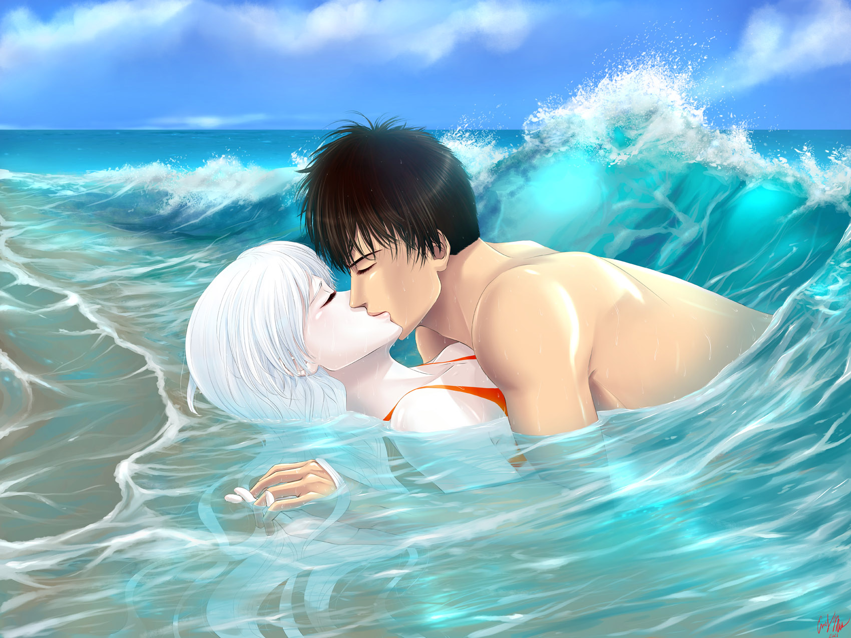 A couple kissing in the waves